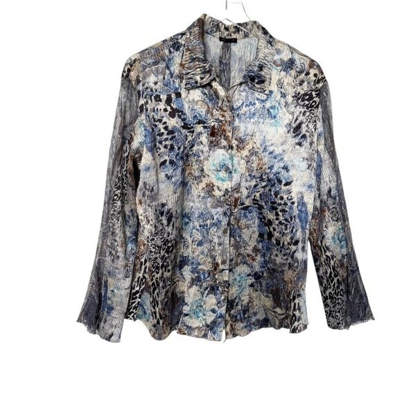 KOMAROV Blue Watercolor Ruffle Bell Sleeve Crinkle Blouse lace size Medium shirt - Picture 9 of 9